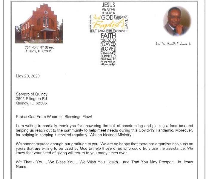 Thank you letter from local church pastor.